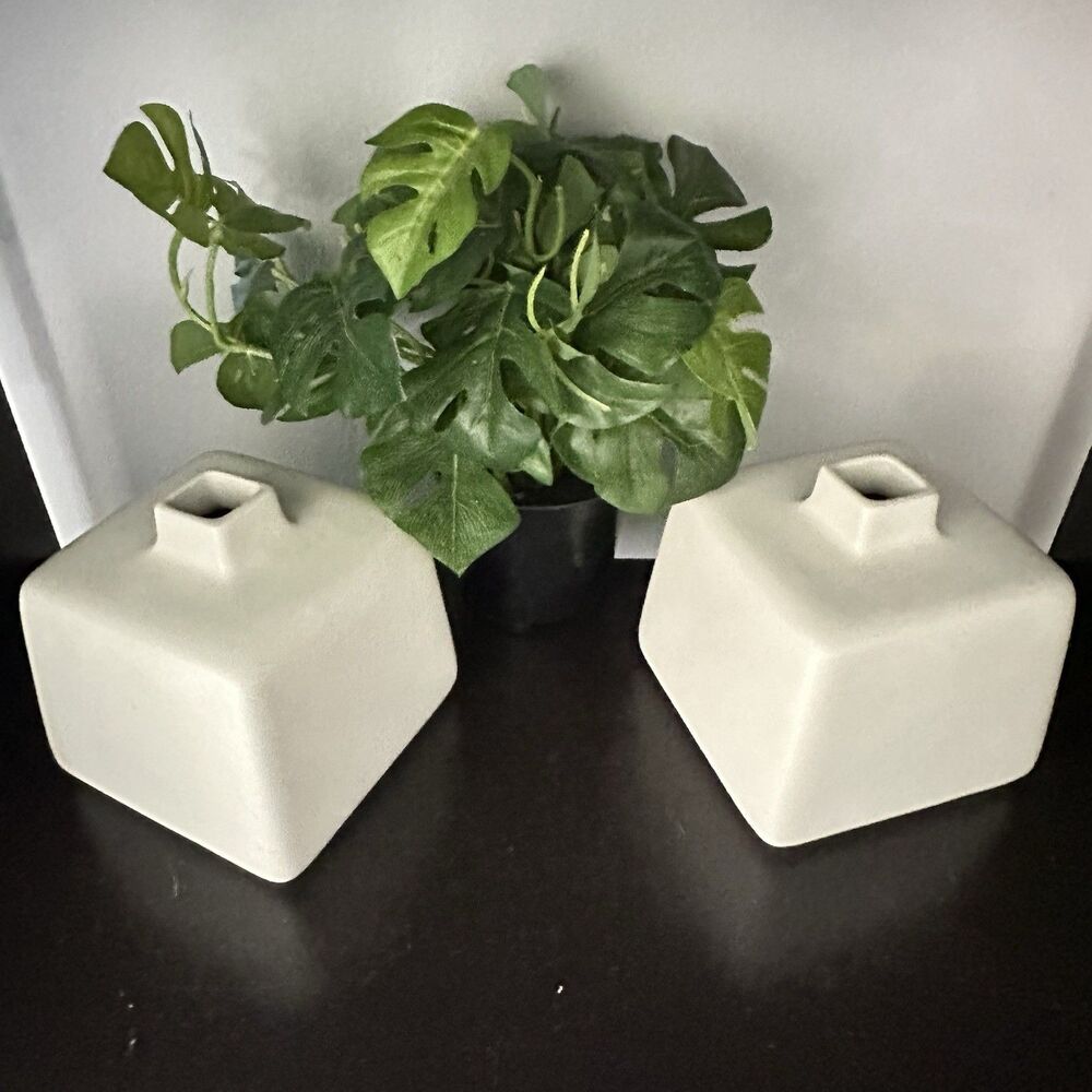 West Elm Ceramic White Square Chimney Vases Minimalist Cube Bud Vase Set of 2
